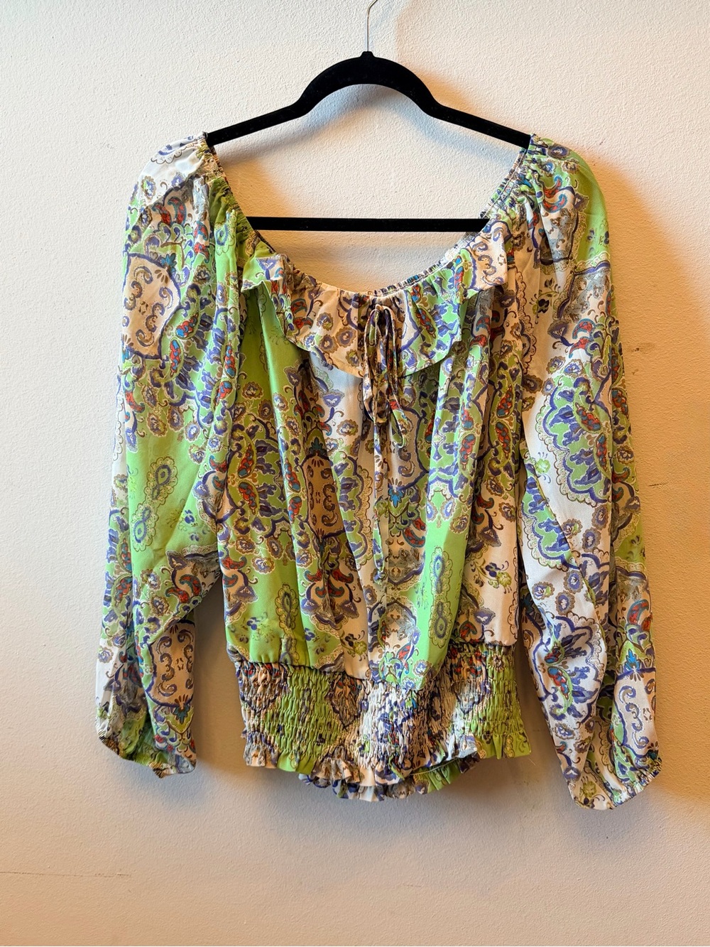 Lime Green Paisley Peasant Blouse with Ruffled Neckline